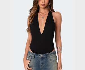 Edikted Women's Deep BLACK V Backless Bodysuit SIZE SMALL